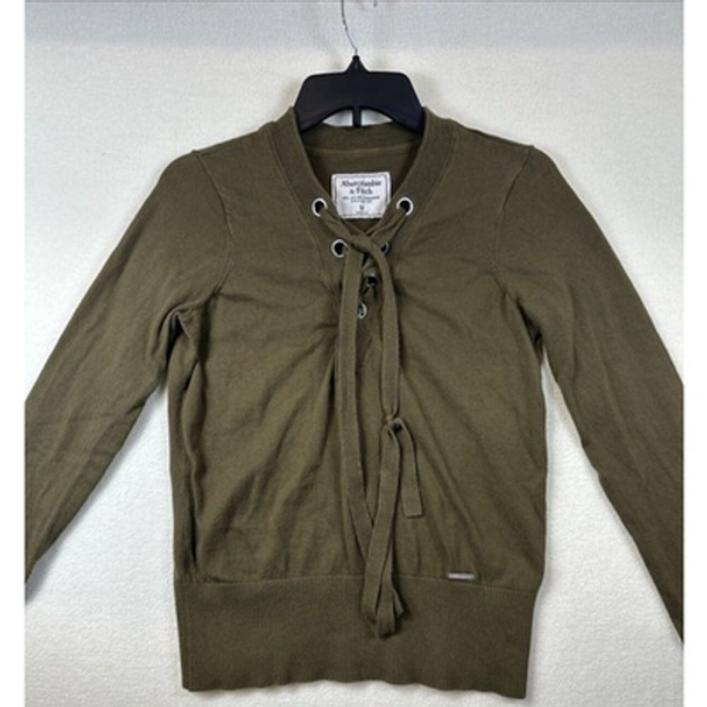 Abercrombie Fitch Lace Up Long Sleeve Shirt Womens Medium Green V-Neck Knit